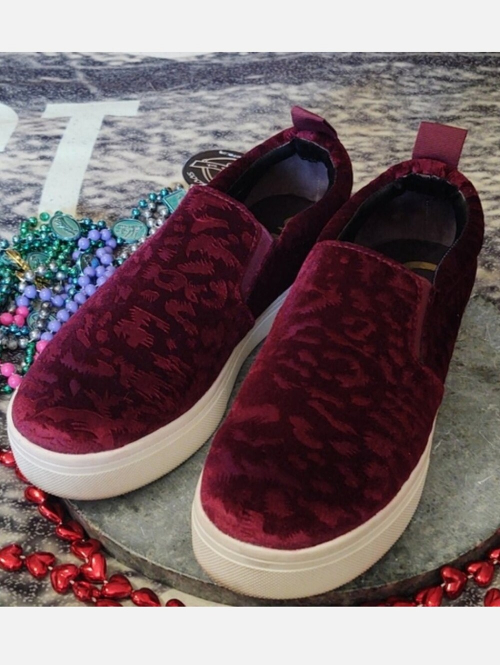 Circus Sam Edelman SCOTLYN Leopard Embossed Velvet Sneaker Wine Size 9